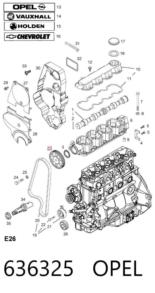 Engrenagem de cadeia da roda dentada da árvore distribuidora de motor 636325 Opel
