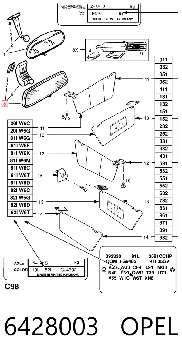 Espelho de salão interno Opel Kadett E