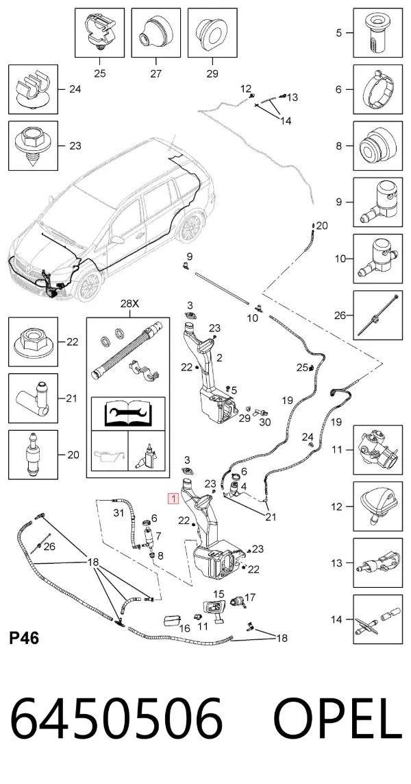 Tanque de fluido para lavador de vidro 6450506 Opel