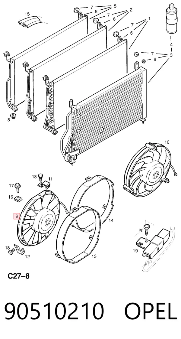 Ventilador elétrico de aparelho de ar condicionado montado (motor + roda de aletas) 90510210 Opel