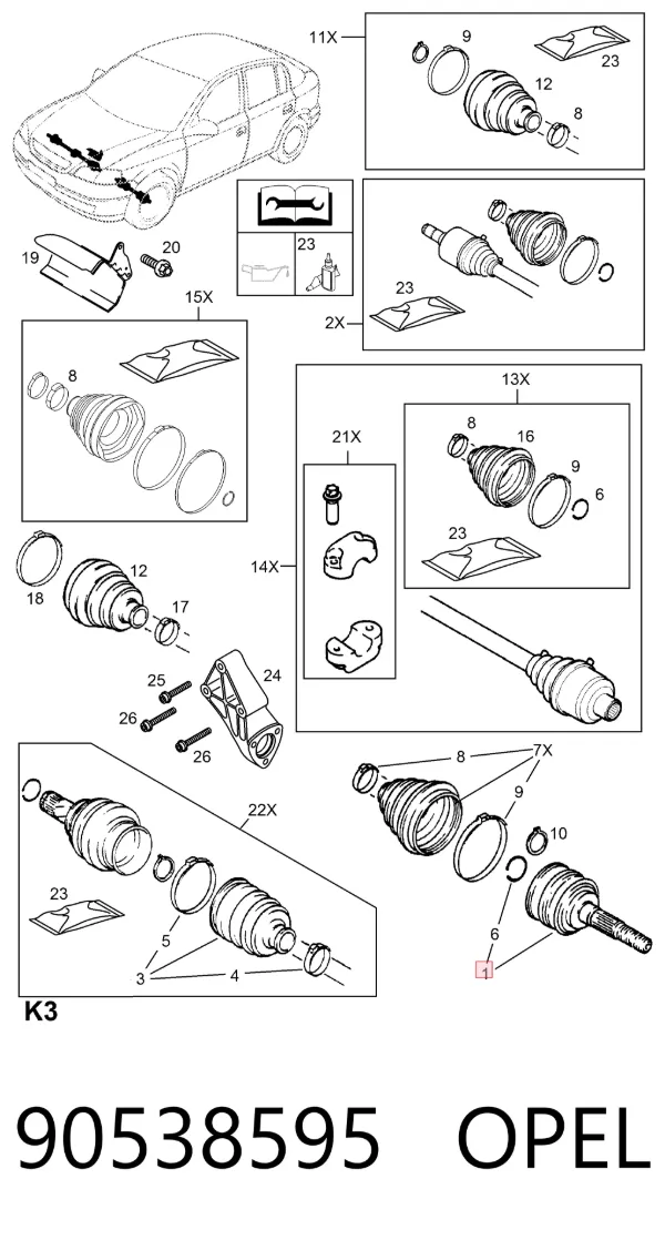Junta homocinética externa dianteira 90538595 Opel