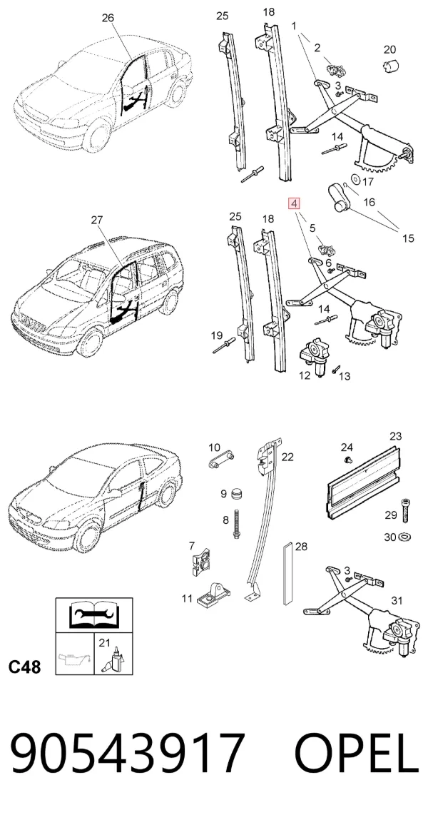 Mecanismo de acionamento de vidro da porta dianteira esquerda 90543917 Opel