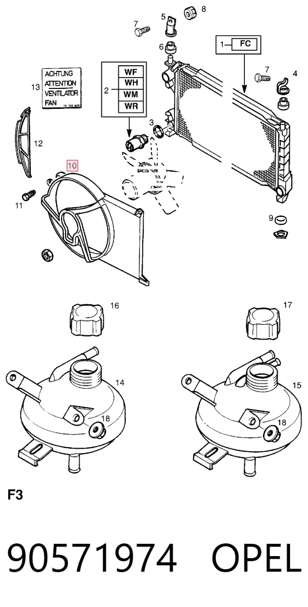 Difusor do radiador de esfriamento, montado com motor e roda de aletas 90571974 Opel