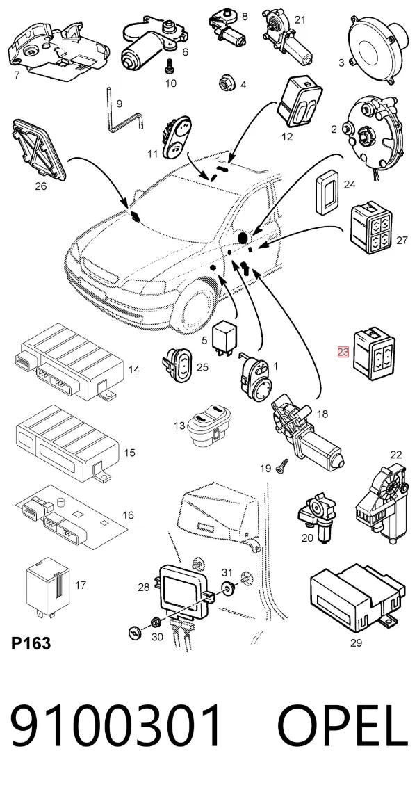 Unidade de botões dianteira esquerda de controlo de elevador de vidro 9100301 Opel
