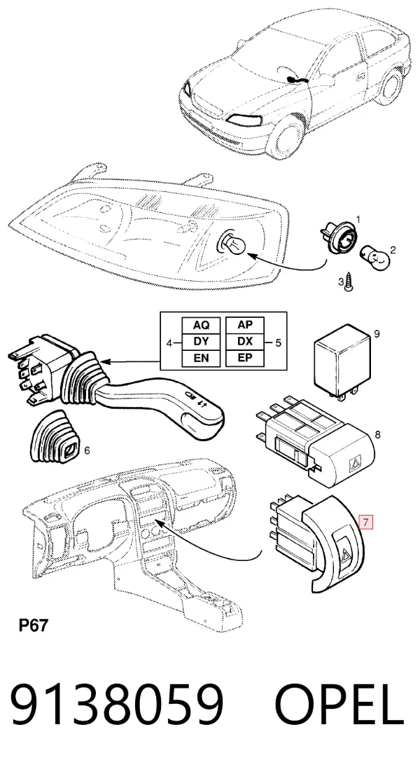 Botão de ativação do sinal de emergência 9138059 Opel