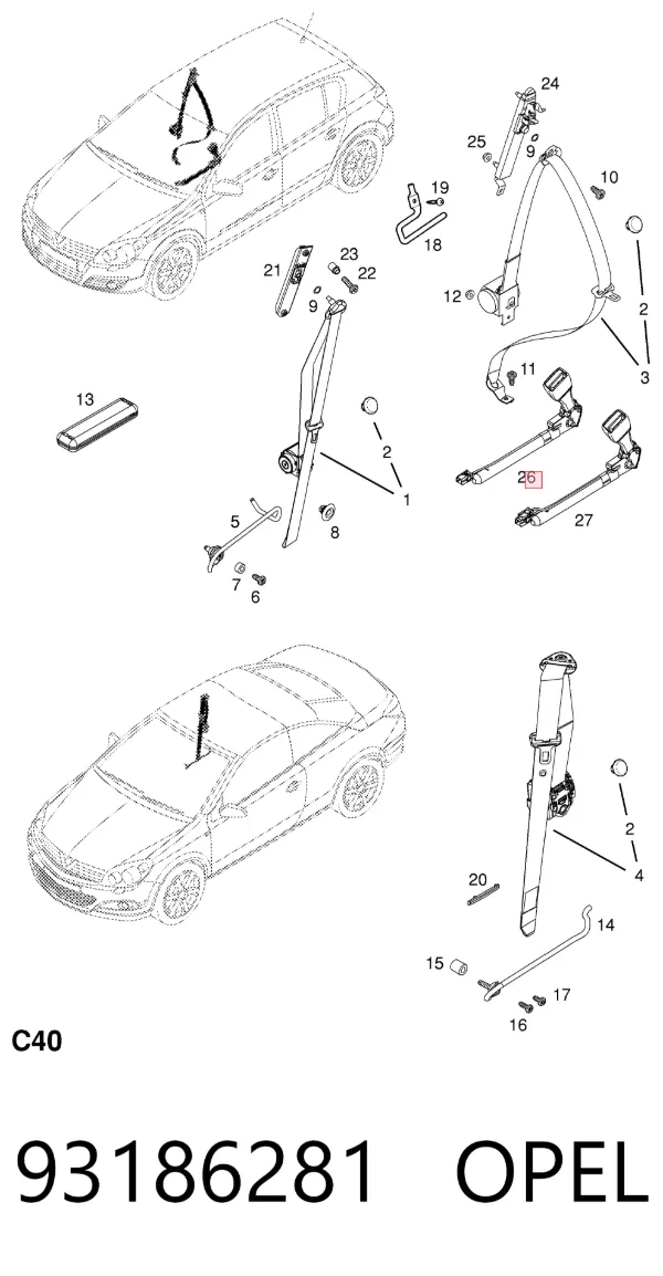 Barra (fecho) de fixação da correia de segurança dianteira direita 93186281 Opel