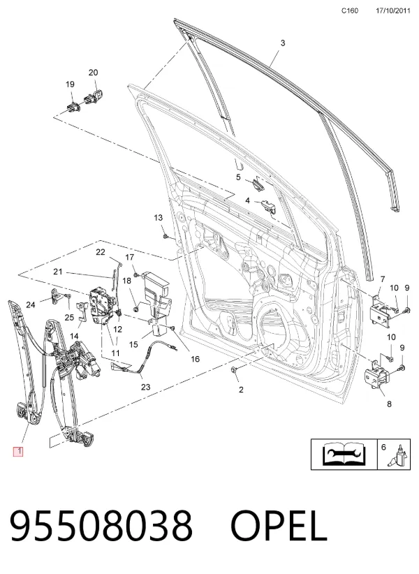 Mecanismo de acionamento de vidro da porta dianteira direita 95508038 Opel