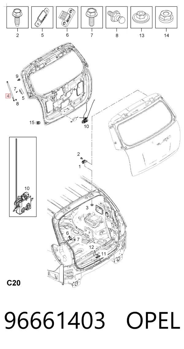Amortecedor de tampa de porta-malas (de 3ª/5ª porta traseira) 96661403 Opel