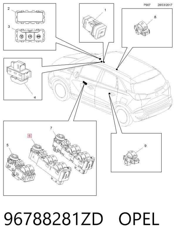 Unidade de botões dianteira esquerda de controlo de elevador de vidro 96788281ZD Opel
