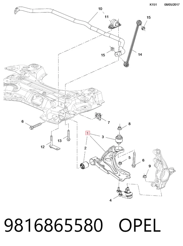 Braço oscilante inferior esquerdo de suspensão dianteira 9816865580 Opel