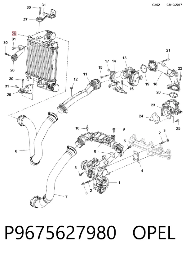 Radiador de intercooler P9675627980 Opel