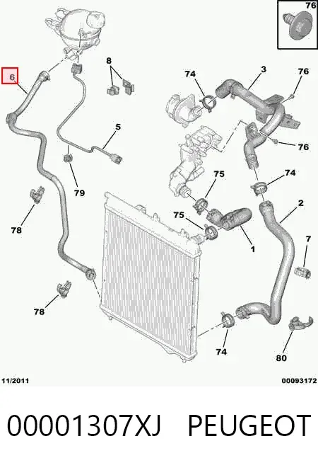 Mangueira (cano derivado) do sistema de esfriamento 00001307XJ Peugeot/Citroen