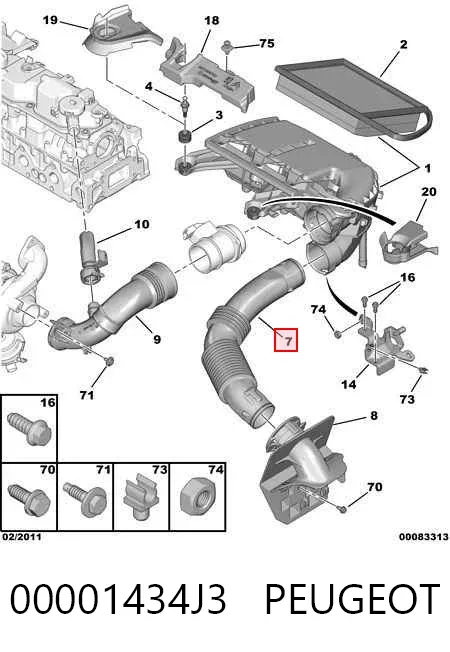 Cano derivado de ar, entrada de filtro de ar 00001434J3 Peugeot/Citroen