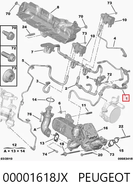 Cano derivado do sistema de recirculação dos gases de escape EGR 00001618JX Peugeot/Citroen
