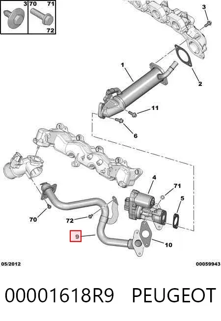 Cano derivado do sistema de recirculação dos gases de escape EGR 00001618R9 Peugeot/Citroen