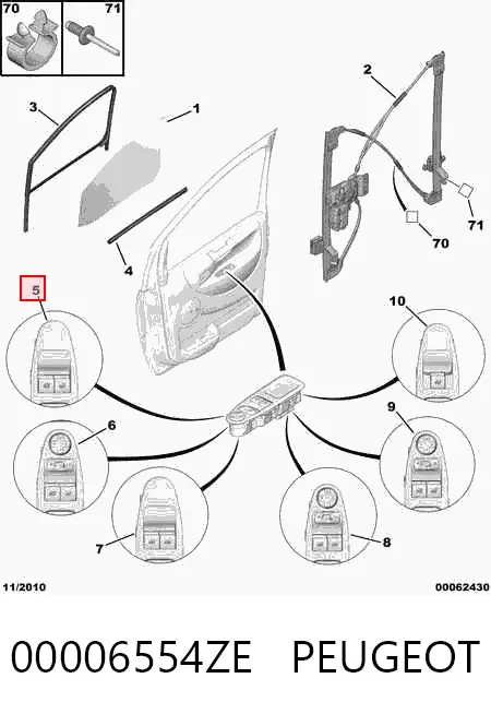 Unidade de botões dianteira esquerda de controlo de elevador de vidro 00006554ZE Peugeot/Citroen