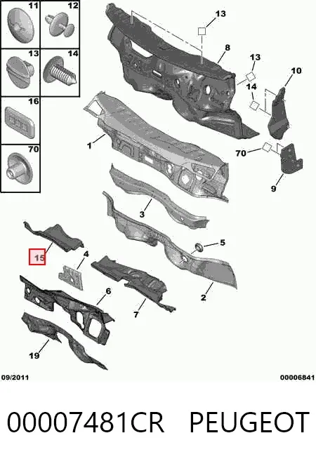 Isolamento contra o ruído do painel de motores 00007481CR Peugeot/Citroen