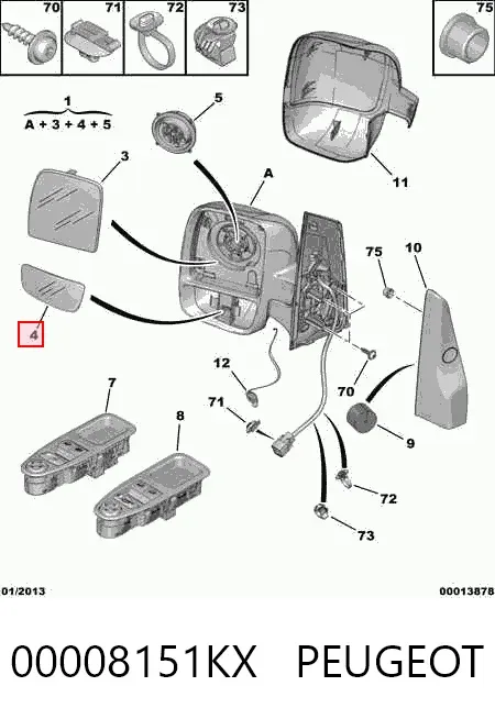 Elemento espelhado do espelho de retrovisão direito 00008151KX Peugeot/Citroen