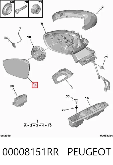 Elemento espelhado do espelho de retrovisão direito 00008151RR Peugeot/Citroen