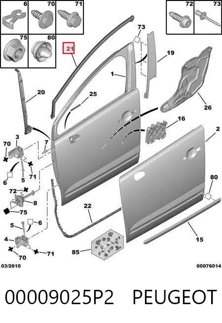 Moldura da porta dianteira direita superior 00009025P2 Peugeot/Citroen