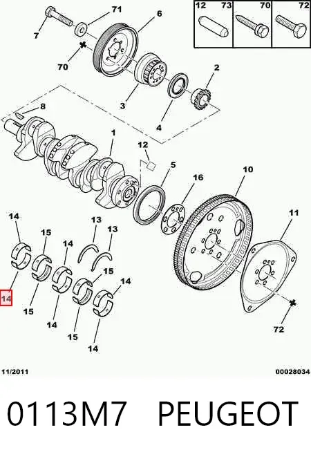 Folhas inseridas principais de cambota, kit, padrão (STD) 0113M7 Peugeot/Citroen