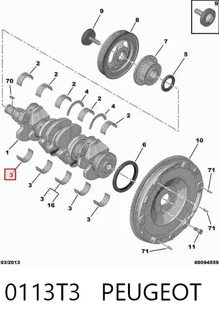 Folhas inseridas principais de cambota, kit, padrão (STD) 0113T3 Peugeot/Citroen
