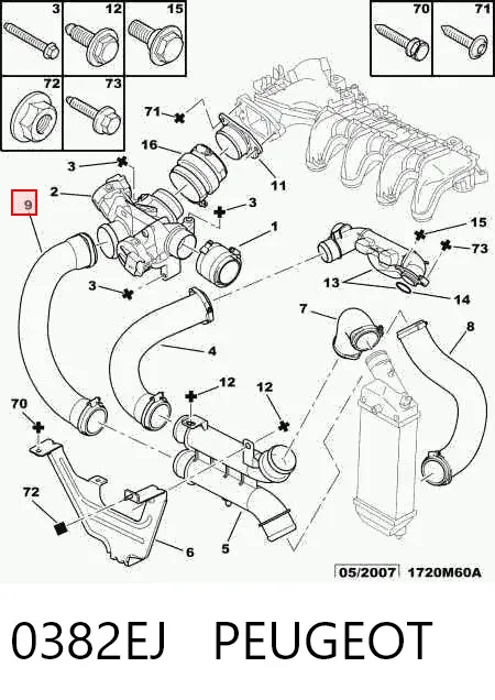 Cano derivado de ar, da válvula de borboleta 0382EJ Peugeot/Citroen