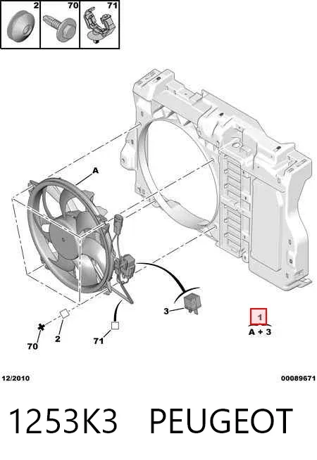 Ventilador elétrico de esfriamento montado (motor + roda de aletas) 1253K3 Peugeot/Citroen
