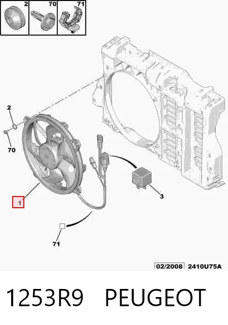 Ventilador elétrico de esfriamento montado (motor + roda de aletas) 1253R9 Peugeot/Citroen