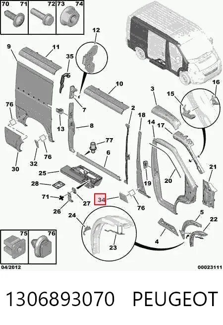 Placa sobreposta externa central direita de suporte de carroçaria 1306893070 Peugeot/Citroen