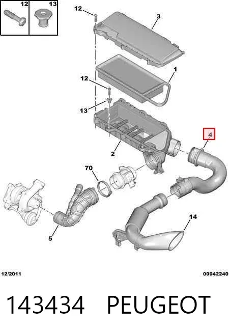 Cano derivado de ar, entrada de filtro de ar 143434 Peugeot/Citroen