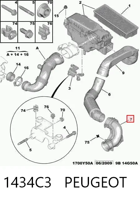 Tomada de ar de filtro de ar 1434C3 Peugeot/Citroen