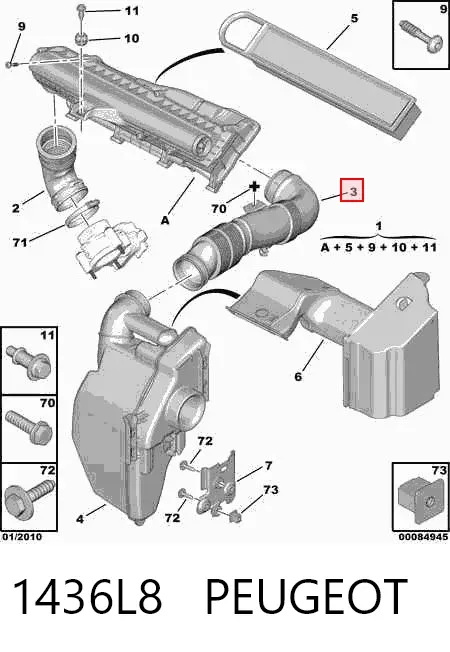 Cano derivado de ar, entrada de filtro de ar 1436L8 Peugeot/Citroen