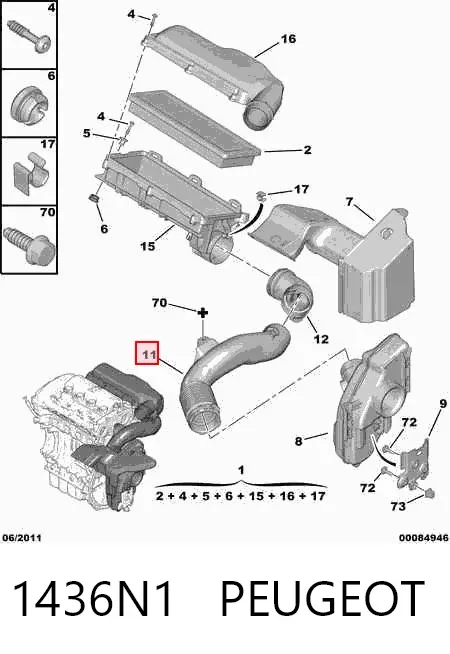 Cano derivado de ar, entrada de filtro de ar 1436N1 Peugeot/Citroen