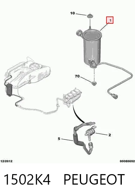 Adsorvedor dos vapores de combustível 1502K4 Peugeot/Citroen