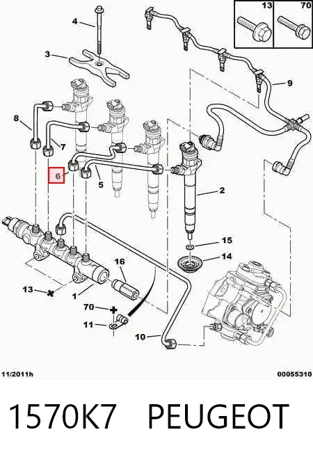 Tubo de combustível do injetor de 3º cilindro 1570K7 Peugeot/Citroen