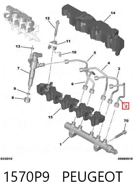 Tubo de combustível do injetor de 1º cilindro 1570P9 Peugeot/Citroen