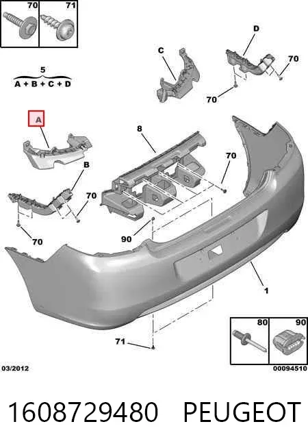Kit de suportes/ fixações do para-choque traseiro 1608729480 Peugeot/Citroen