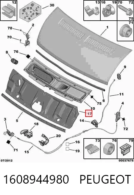 Isolamento de ruído da capota 1608944980 Peugeot/Citroen
