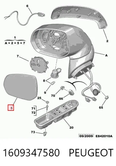 Espelho de retrovisão direito 1609347580 Peugeot/Citroen