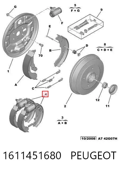 Sapatas do freio traseiras de tambor, montadas com cilindros, kit 1611451680 Peugeot/Citroen