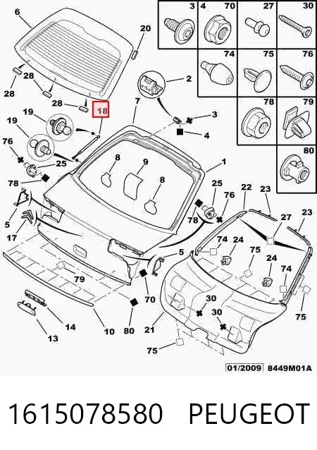 Amortecedor de tampa de porta-malas (de 3ª/5ª porta traseira) 1615078580 Peugeot/Citroen