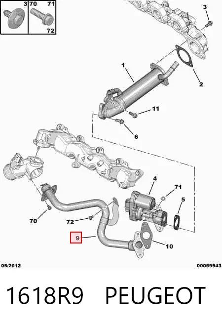 Cano derivado do sistema de recirculação dos gases de escape EGR 1618R9 Peugeot/Citroen