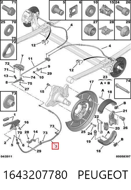 Cabo do freio de estacionamento dianteiro 1643207780 Peugeot/Citroen