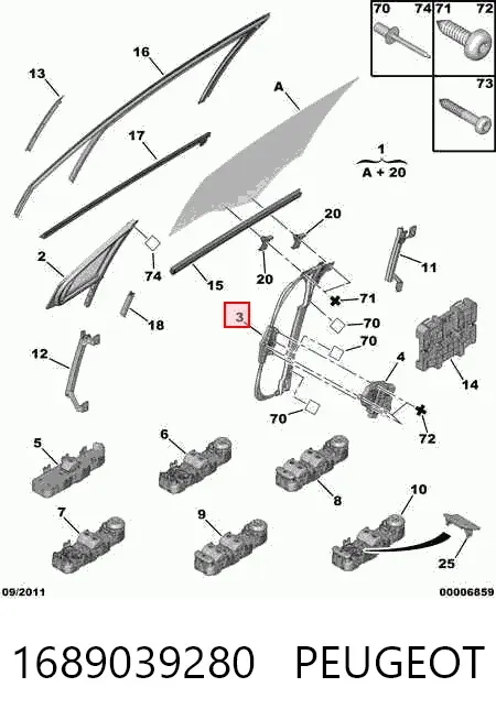 Mecanismo de acionamento de vidro da porta dianteira direita 1689039280 Peugeot/Citroen