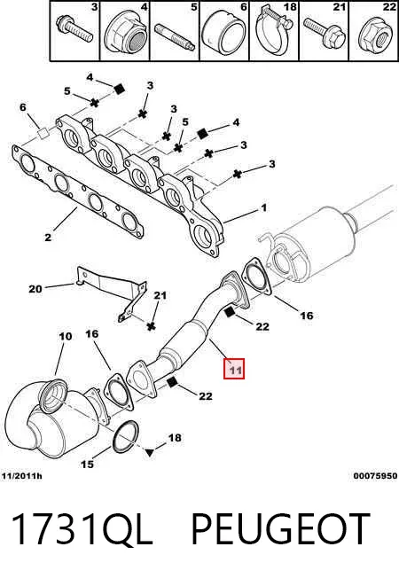 Tubo de escape, desde o catalisador até o silenciador 1731QL Peugeot/Citroen