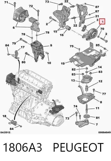 Coxim (suporte) traseiro de motor 1806A3 Peugeot/Citroen