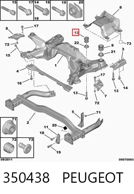 Bloco silencioso (coxim) de viga dianteira (de plataforma veicular) 350438 Peugeot/Citroen