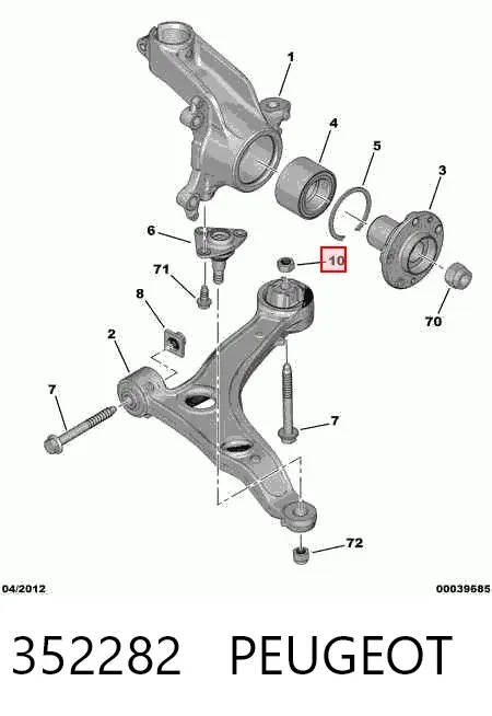 Porca de parafuso de fixação de braço oscilante dianteiro inferior 352282 Peugeot/Citroen