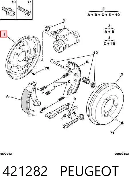 Disco de suporte direito do tambor do freio traseiro 421282 Peugeot/Citroen
